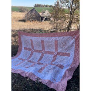 Vintage 1970s Cross Stitch Flower Quilt Cotton 75x100